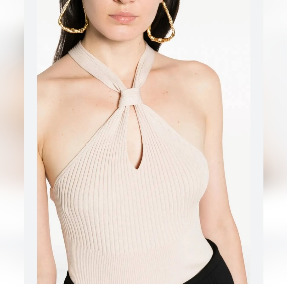 NWT $255 Jonathan Simkhai Andrea Knit Knotted Neck Halter Sleeveless Top Almond - Picture 3 of 16